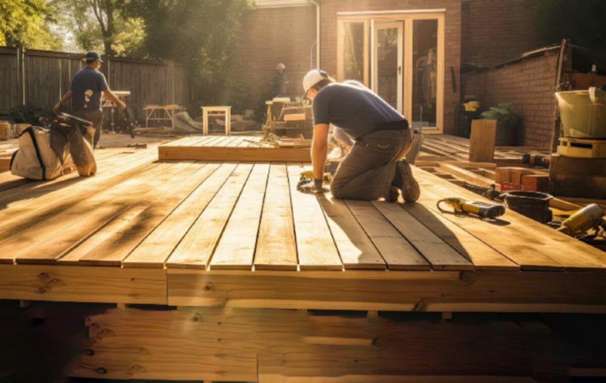 Carpenters building a new wood deck in a sunny backyard
